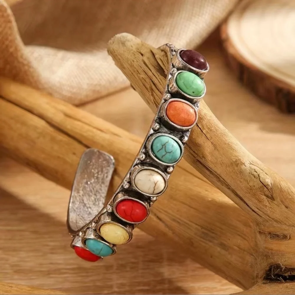 2 LEFT! Bohemian Mutli Colored Turquoise Bangle Cuff Bracelet - Picture 3 of 5